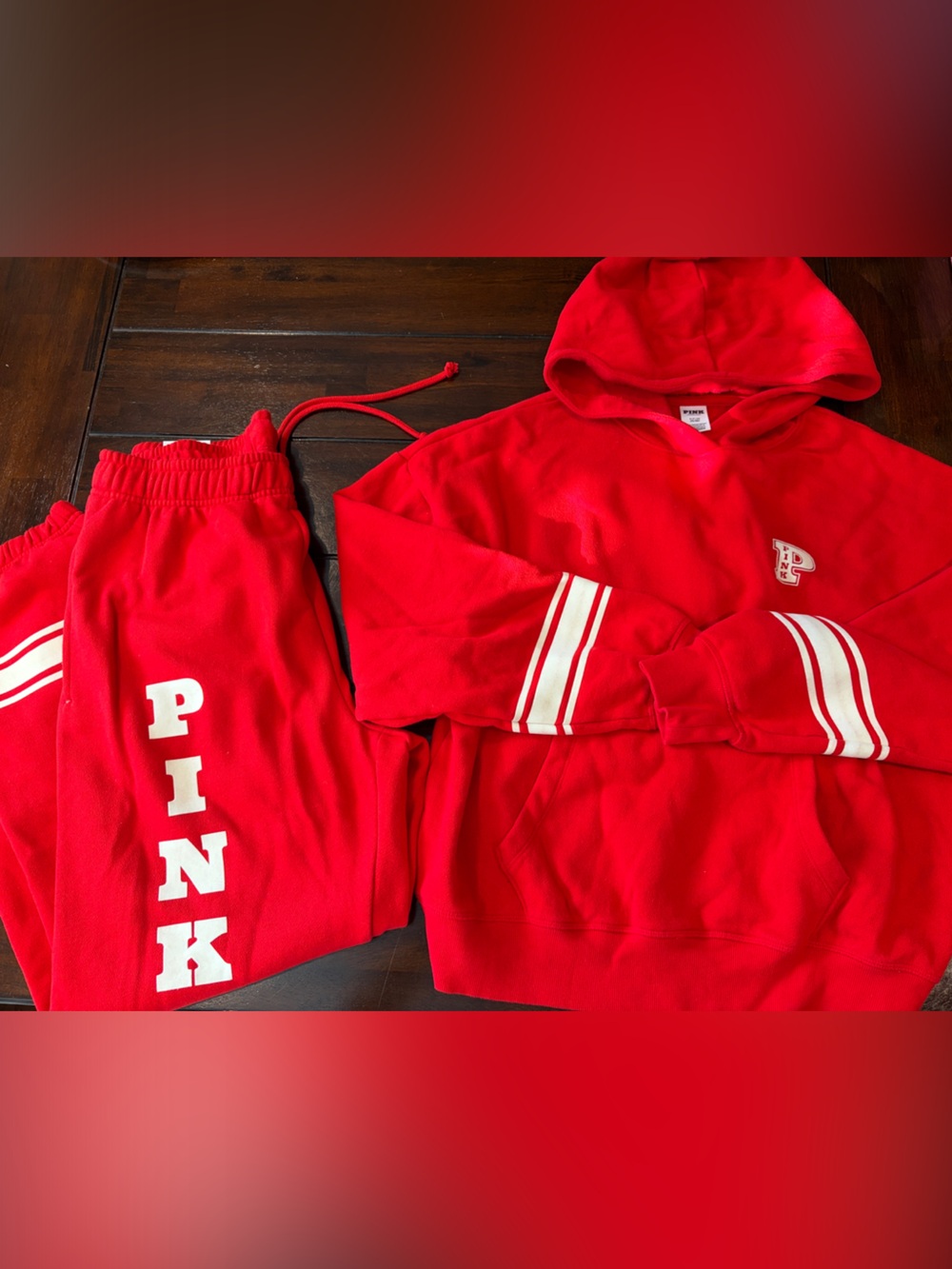PINK Victoria's Secret Red Hoodie and Joggers Set with White Stripes